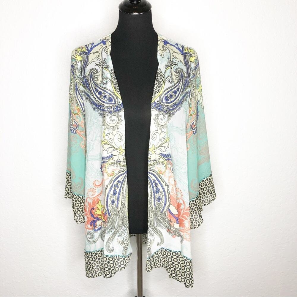 Soft Surroundings white green paisley geometric sheer kimono top size Medium